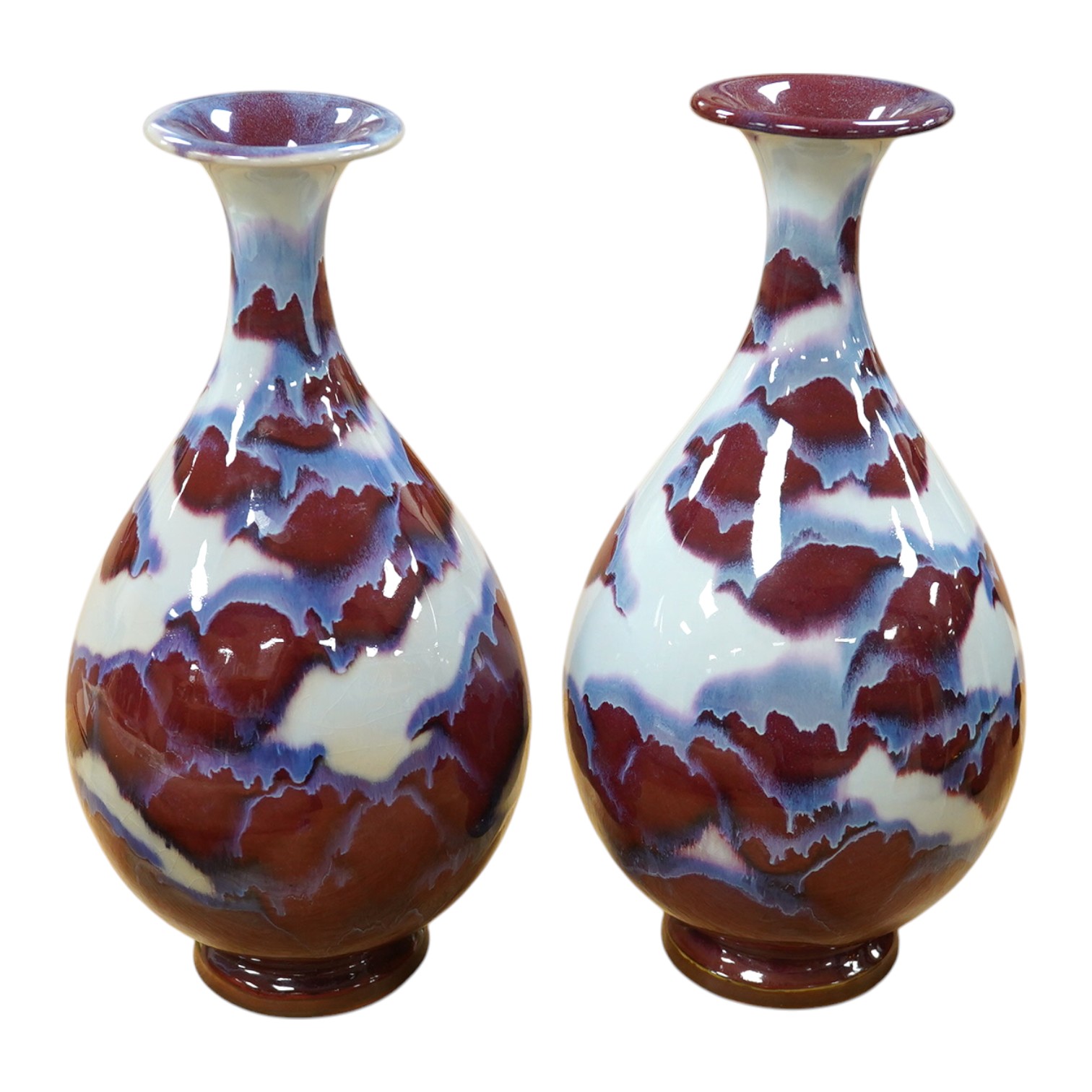 A pair of Chinese flambé pear shaped vases, 36cm. Condition - good, feint crazing